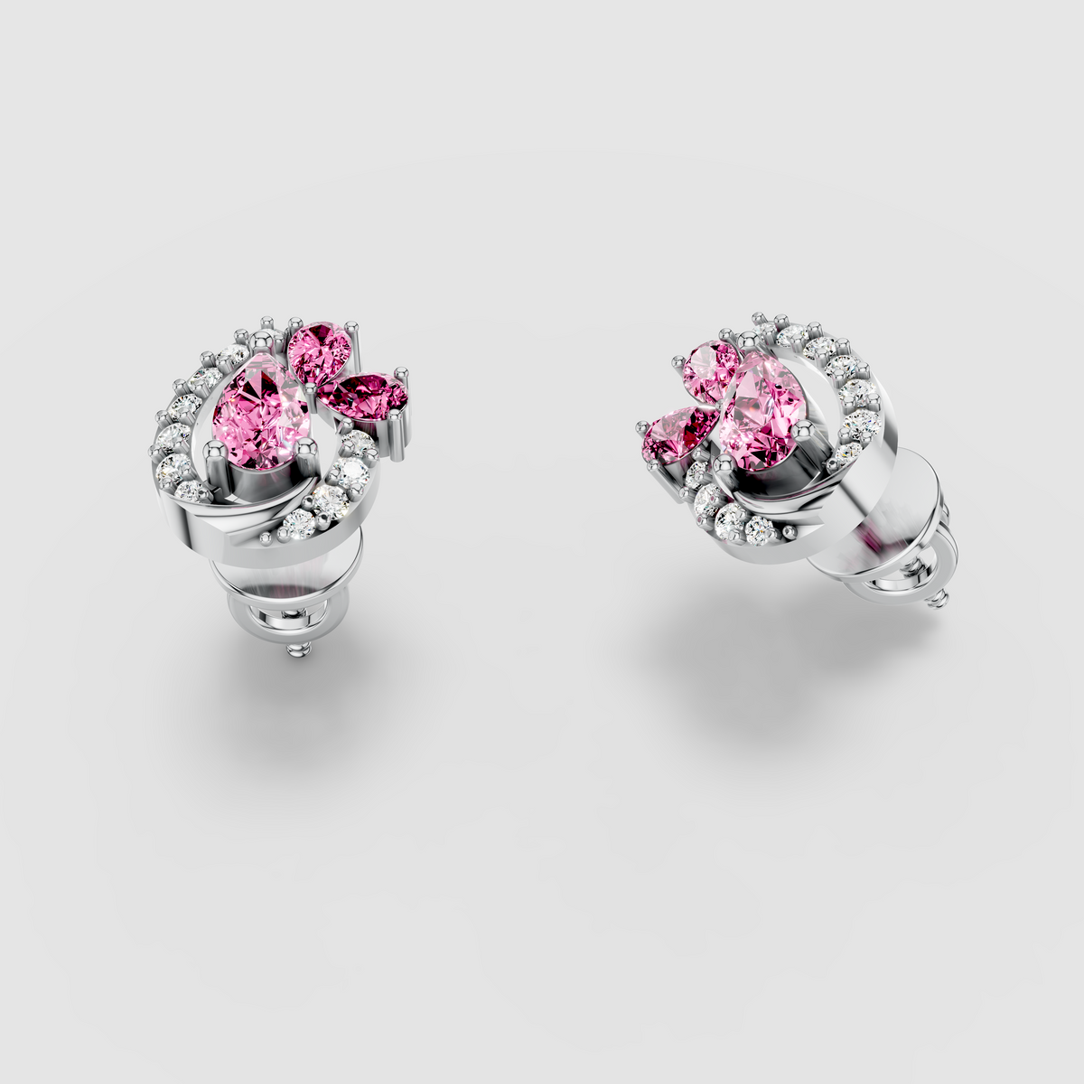 Shirley - Solid 18K Gold Pink Sapphire Cluster & Moissanite Swirl Earrings"