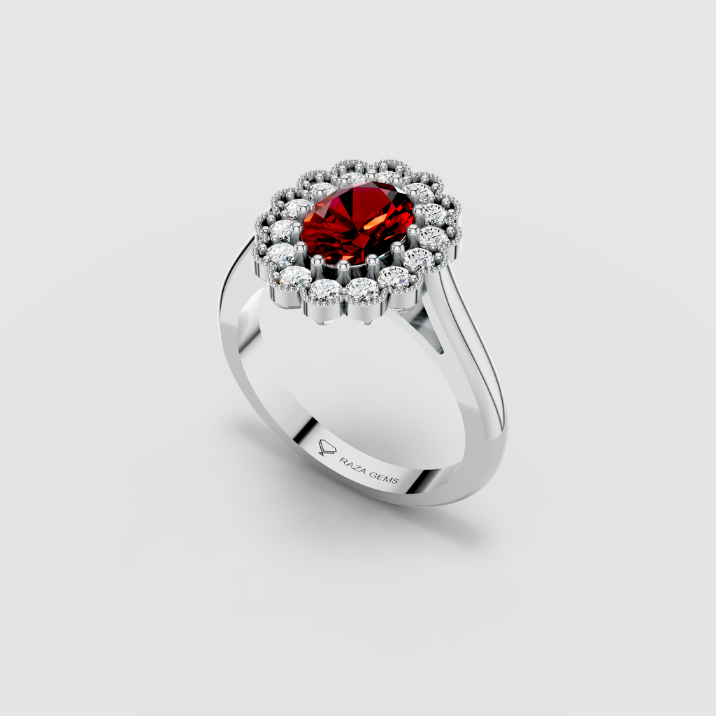 Mia - 18K Gold Oval Ruby & Scalloped Moissanite Halo Ring
