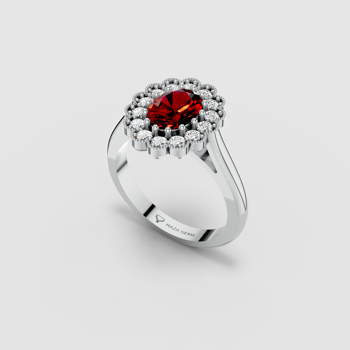 Mia - 18K Gold Oval Ruby & Scalloped Moissanite Halo Ring