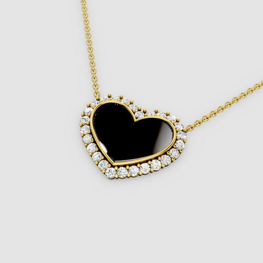 Sarah - 18K Gold Black Onyx Heart Pendant with Moissanite Halo (Pendant Only)"
