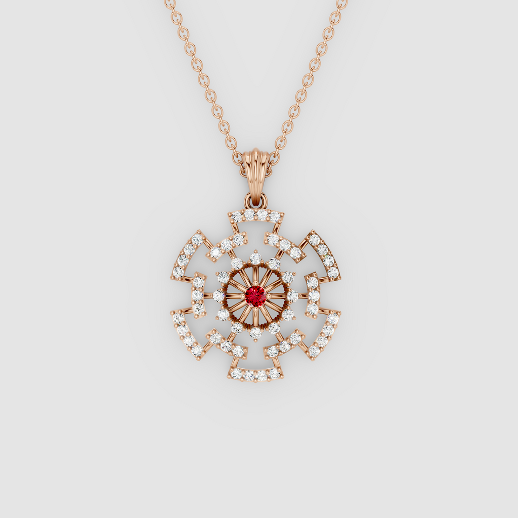 Arabella – Center Ruby Sunburst Wheel Pendant with Moissanite in 18KT Gold