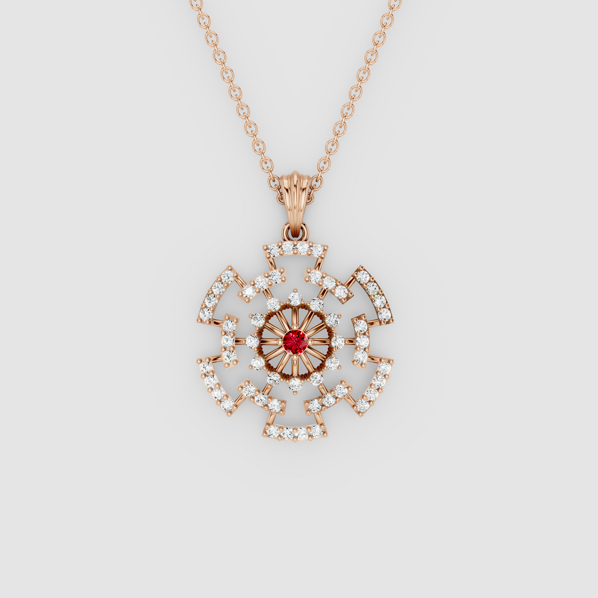 Arabella – Center Ruby Sunburst Wheel Pendant with Moissanite in 18KT Gold