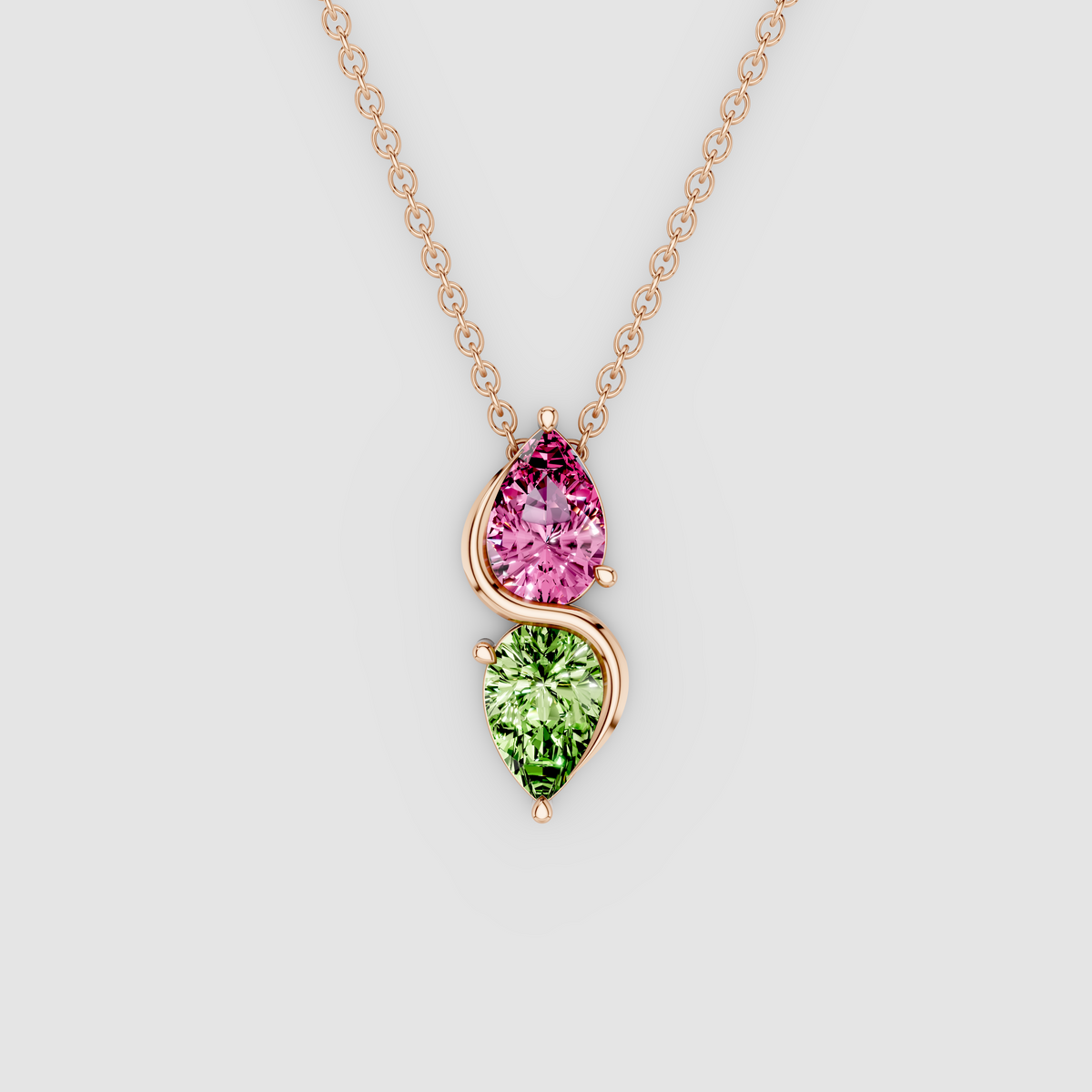 Sienna – Pear Pink Tourmaline & Peridot Swirl Pendant in 18KT Gold