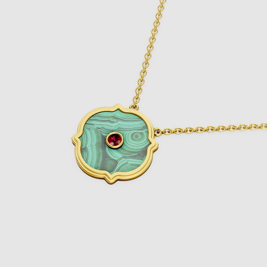 Sophia – 18K Gold Scalloped Malachite Medallion Pendant with Ruby Center Stone