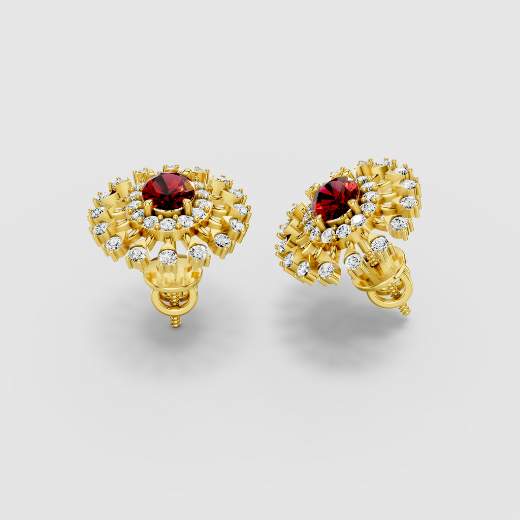 Stephanie - 18K Gold Oval Ruby & Double Moissanite Halo Stud Earrings" (Descriptive & Elegant)