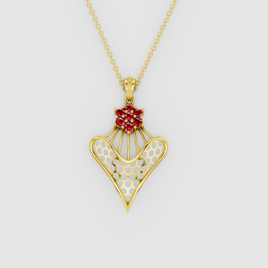 Grace – Ruby Floral Cluster & Lattice Heart Pendant in 18KT Gold