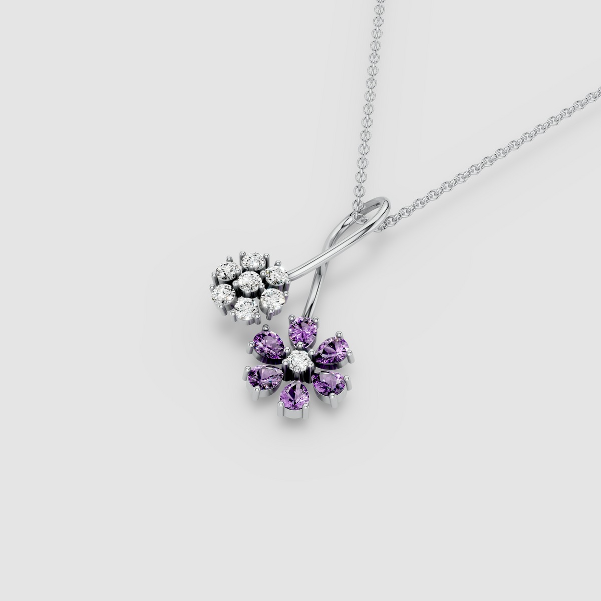 Melissa - Solid 18K Gold Amethyst & Moissanite Twin Floral Twist Pendant"