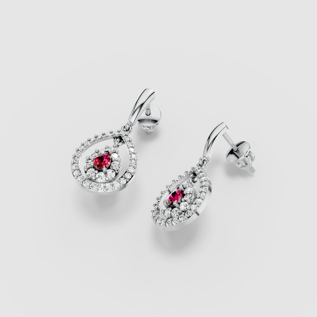 Jennifer - 18K Gold Pear Ruby & Double Moissanite Halo Teardrop Drop Earrings"