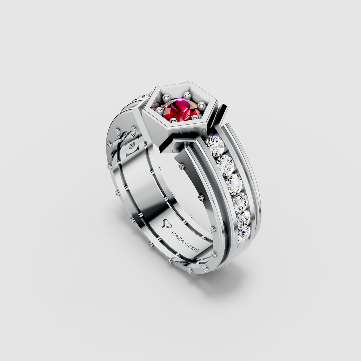Daisy - 18K Gold Bezel Red Garnet & Moissanite Channel Signet Ring