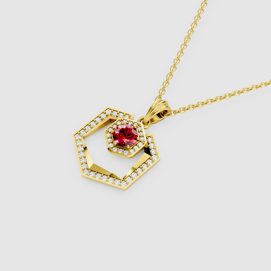 Scarlett – 18K Gold Geometric Double Hexagon Ruby & Moissanite Halo Pendant