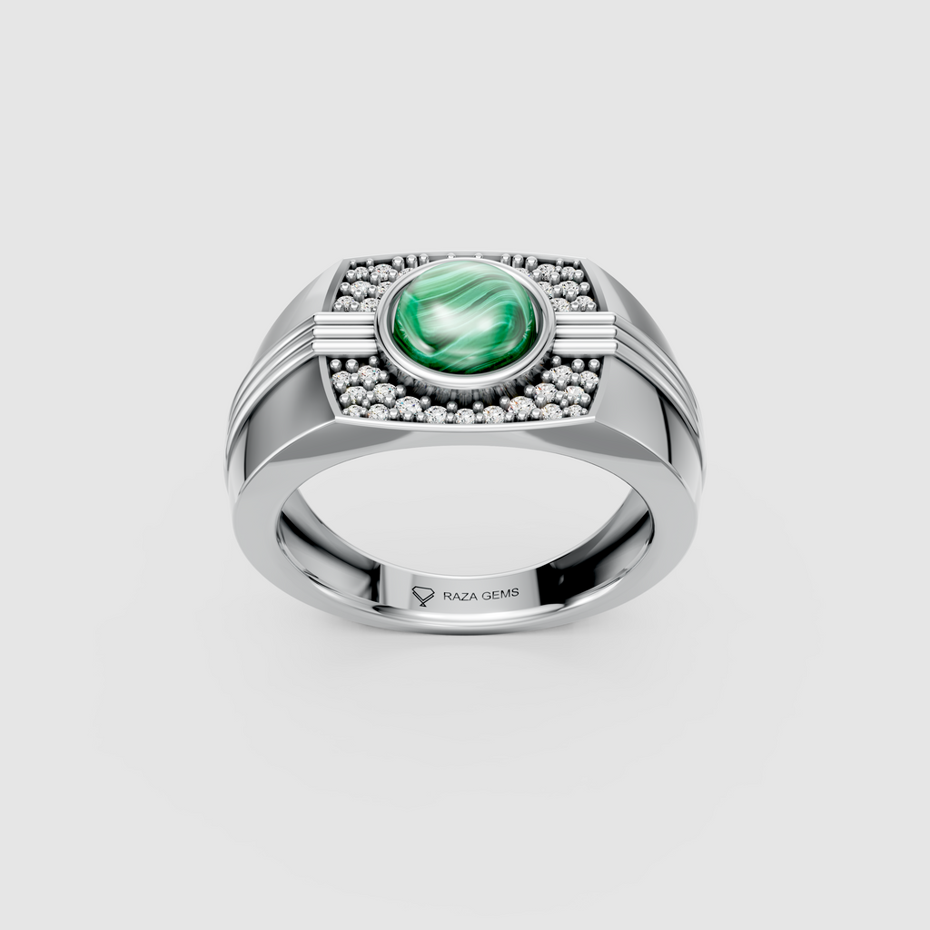 Phoebe – Natural Round Malachite & Moissanite Men's Ring in 18KT Gold
