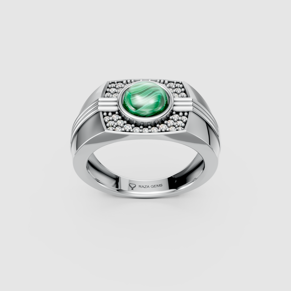Phoebe – Natural Round Malachite & Moissanite Men's Ring in 18KT Gold
