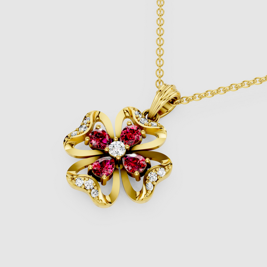 Hannah – 18K Gold Four-Leaf Clover Ruby & Moissanite Pendant