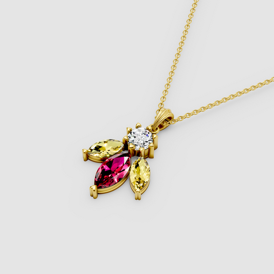 Elizabeth - Solid 18K Gold Marquise Ruby & Yellow Spinel Pendant with Moissanite"