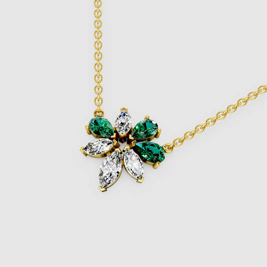 Blooming Chloe – Pear Cut Emerald & Marquise Moissanite Flower Pendant in 18KT Gold