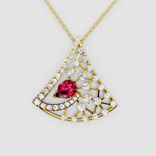 Aurora – Pear Ruby Solitaire Fan-Shaped Pendant with Moissanite in 18KT Gold