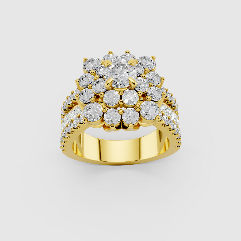 Elsie - 18K Solid Gold Flower Cluster Moissanite Statement Ring with Triple-Row Band