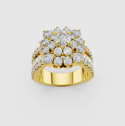 Elsie - 18K Solid Gold Flower Cluster Moissanite Statement Ring with Triple-Row Band