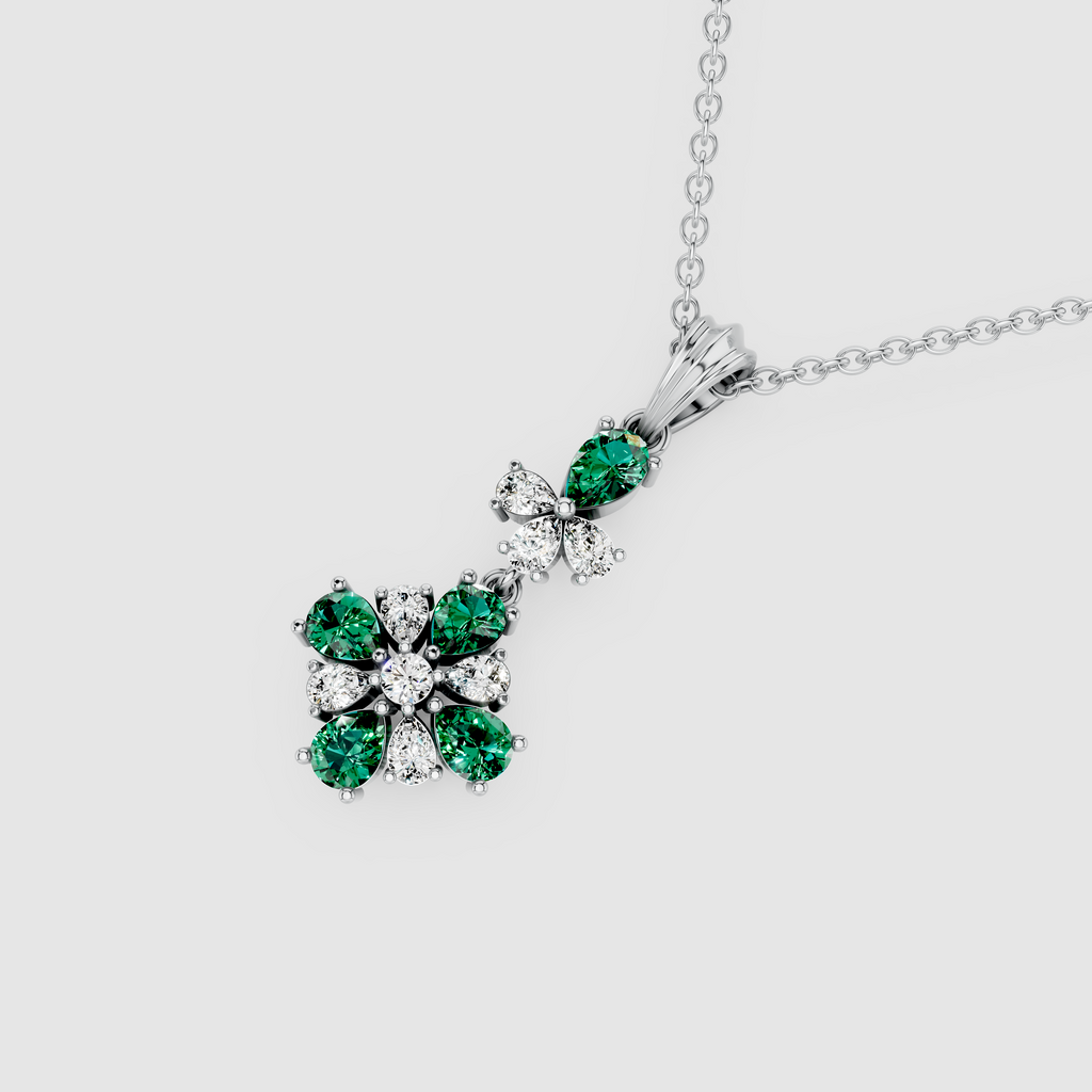 Regal Maya – Vintage-Inspired Emerald & Moissanite Cluster Drop Pendant in 18KT Gold