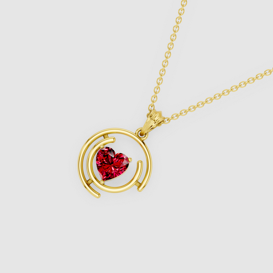Rosalind – Heart Ruby Solitaire Concentric Halo Pendant in 18KT Gold