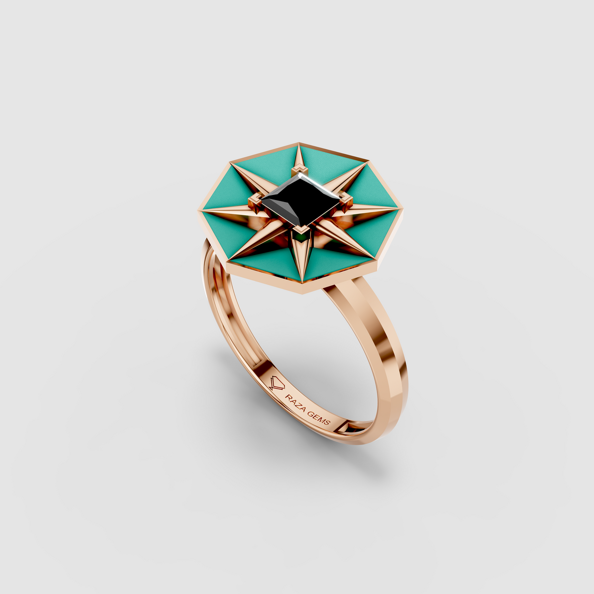 Sadie - 18K Gold Princess Black Spinel & Turquoise Enamel Ring