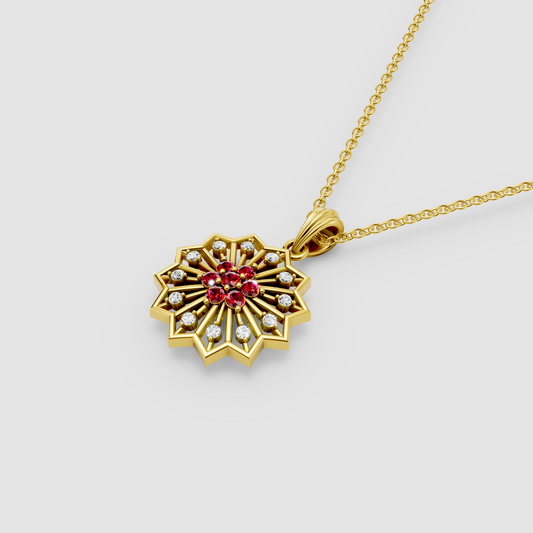 Michelle - Solid 18K Gold Ruby & Moissanite Geometric Starburst Medallion"