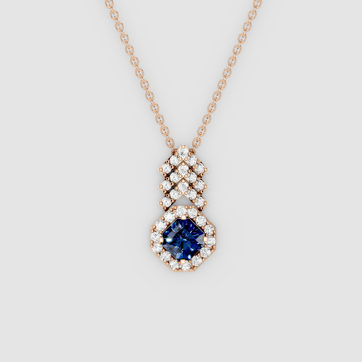 Royal Chevron – Square Blue Sapphire Halo Pendant with Moissanite in 18KT Gold