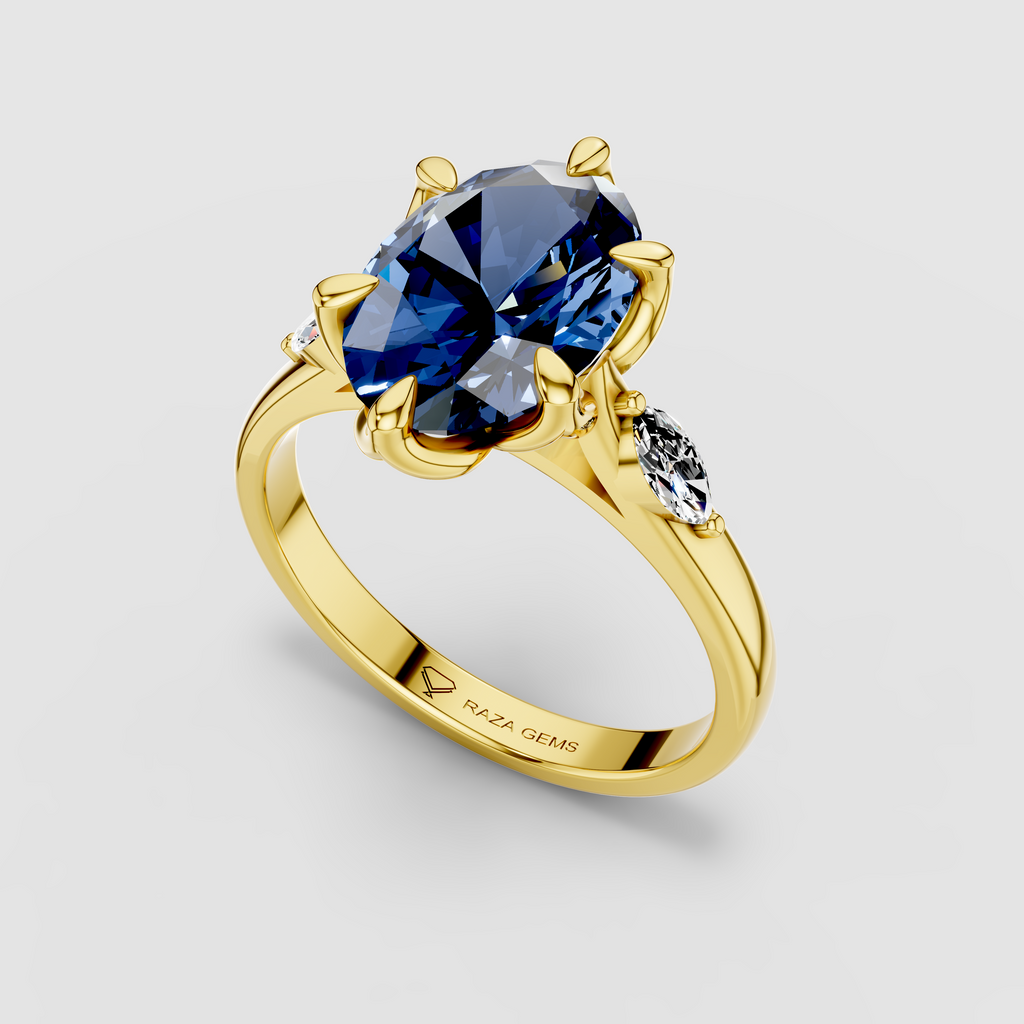 Charlotte - Solid 18K Gold Oval Blue Sapphire with Marquise Moissanite Side Stones"