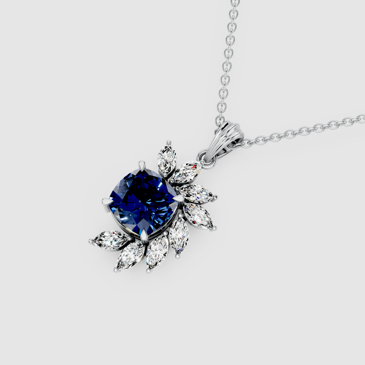 Diana – 18K Gold Cushion Blue Sapphire & Marquise Moissanite Cluster Pendant