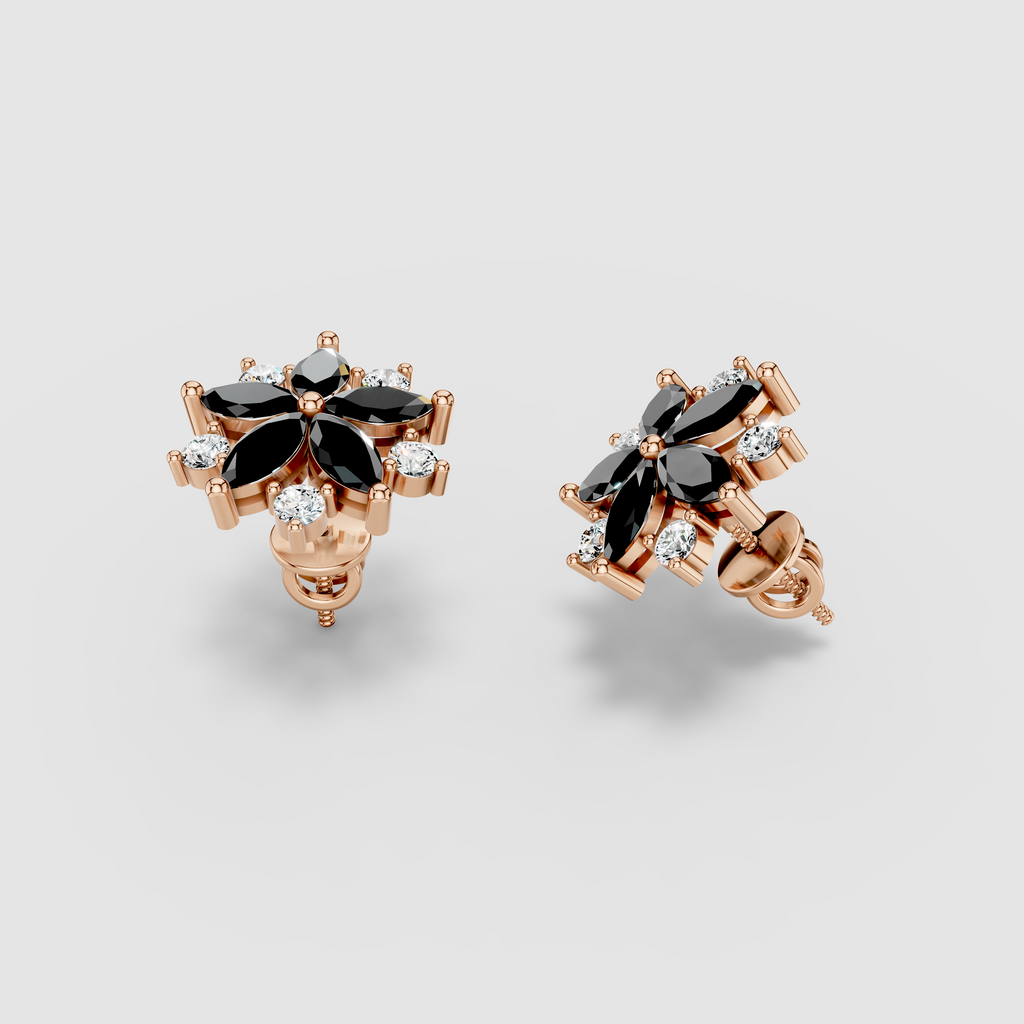 Susan - Black Spinel & Moissanite Flower Earrings in 18K Gold