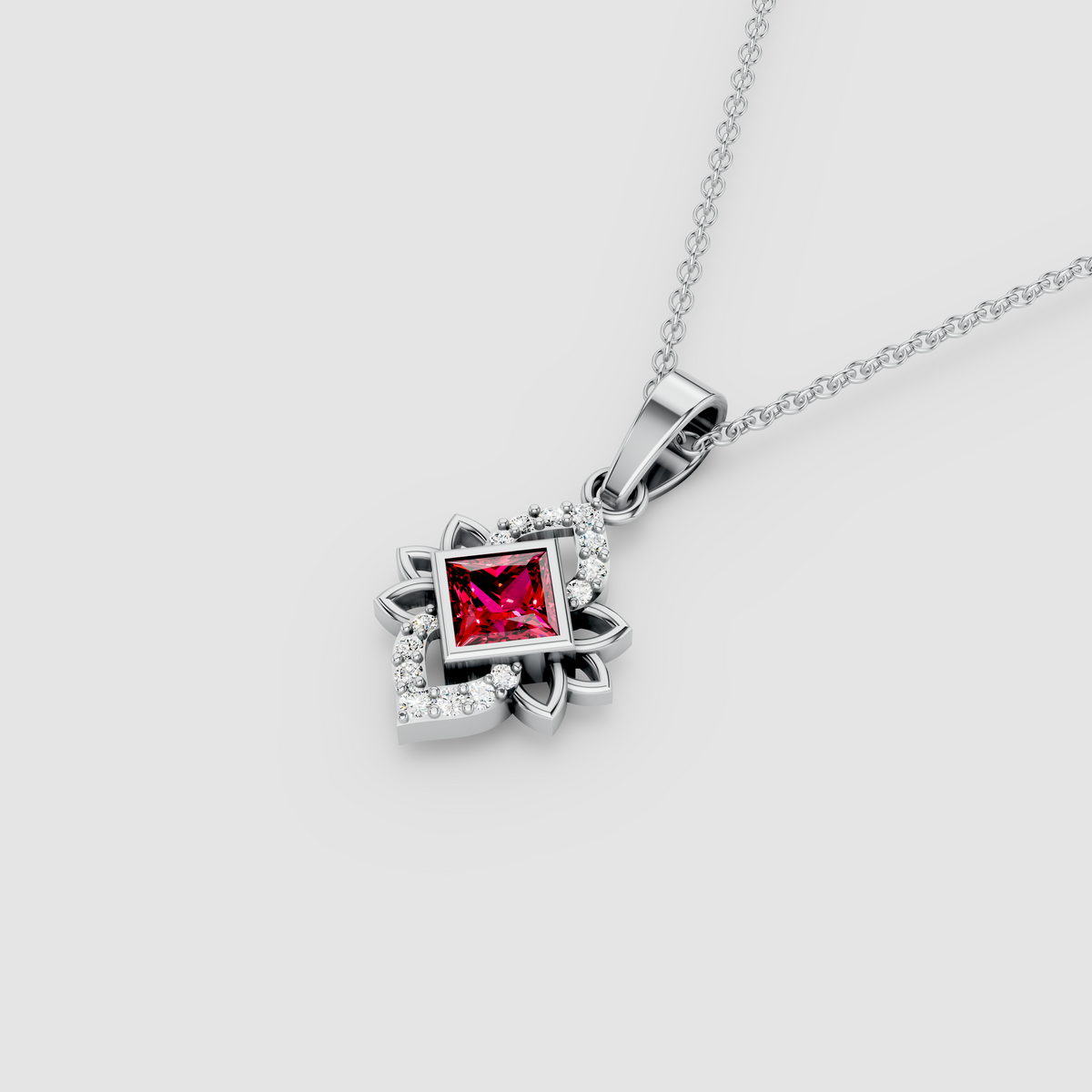 Nicole - Solid 18K Gold Princess-Cut Red Garnet & Moissanite Starburst Pendant"
