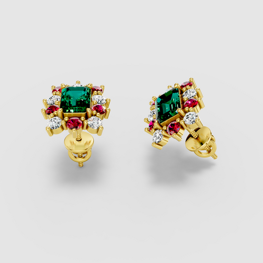 Deborah - Solid 18K Gold Emerald Gemstone with Ruby & Moissanite Starburst Halo Earrings" (Luxurious & Catchy)