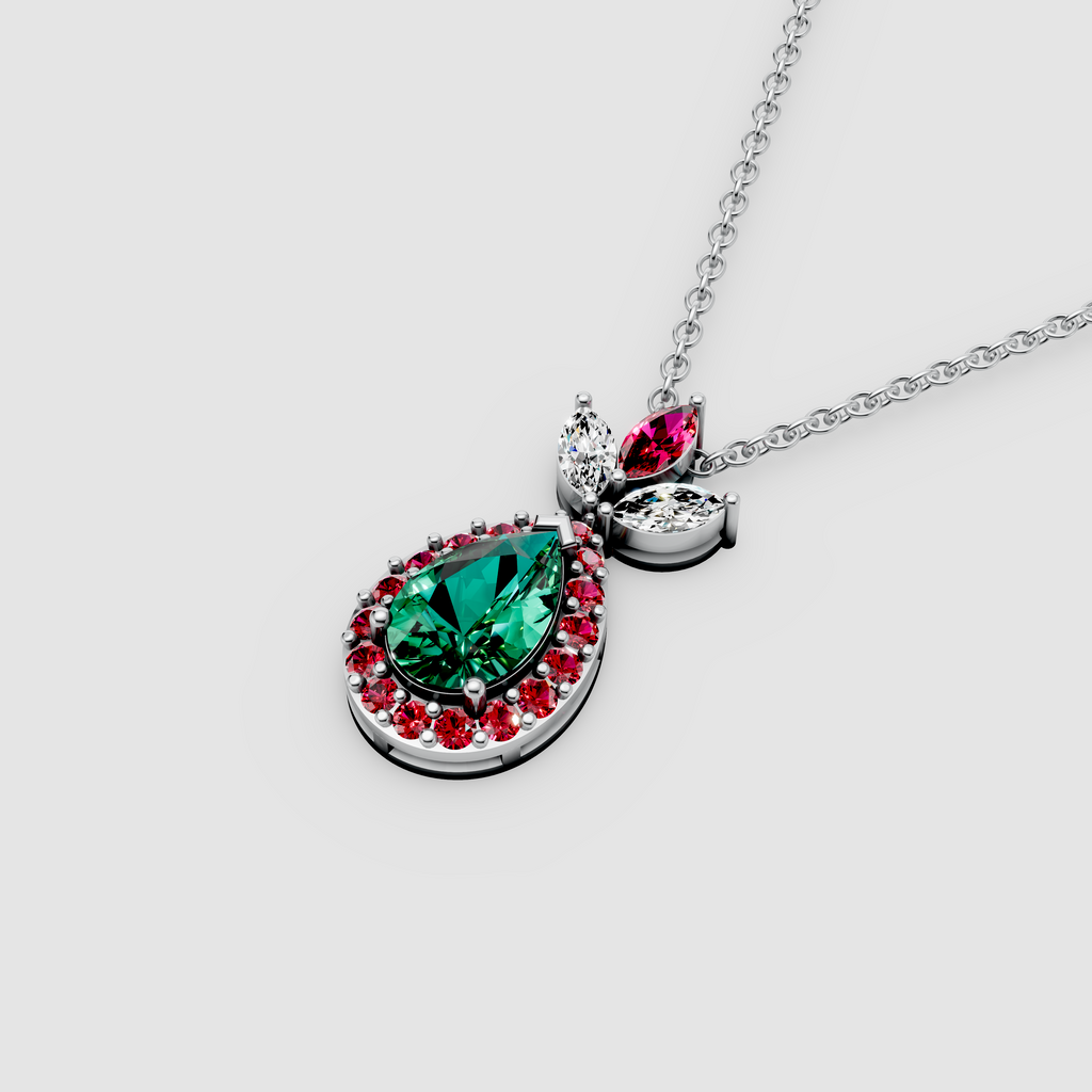 Linda - 18K Gold Pear Emerald Pendant with Ruby Halo & Moissanite Crown"