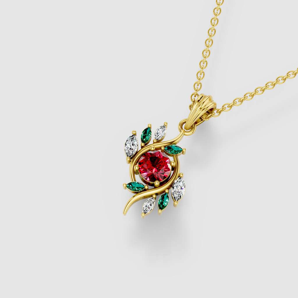 Kathleen - Solid 18K Gold Round Ruby, Emerald & Moissanite Swirl Pendant"