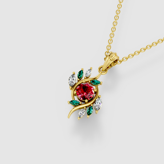 Kathleen - Solid 18K Gold Round Ruby, Emerald & Moissanite Swirl Pendant"