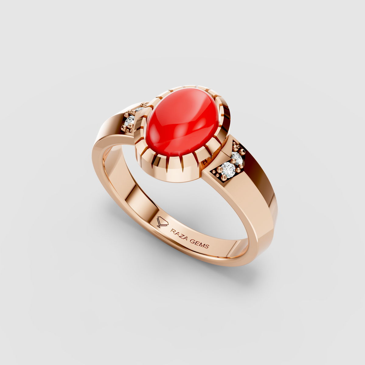 Myla – 18K Solid Gold Oval Coral & Moissanite Crown-Bezel Ring