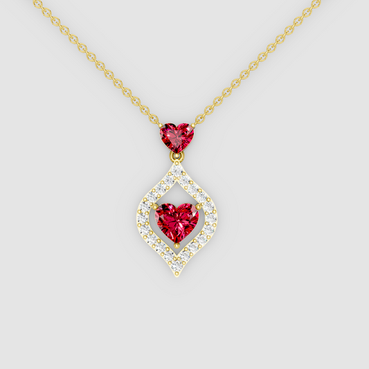 Charlotte – Heart-Cut Crimson Ruby Solitaire Pendant with Moissanite Frame in 18KT Gold