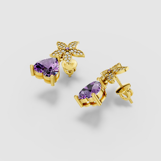 Emma - Regal Bloom 18K Gold Amethyst Heart and Sparkling Moissanite Dangle Earrings