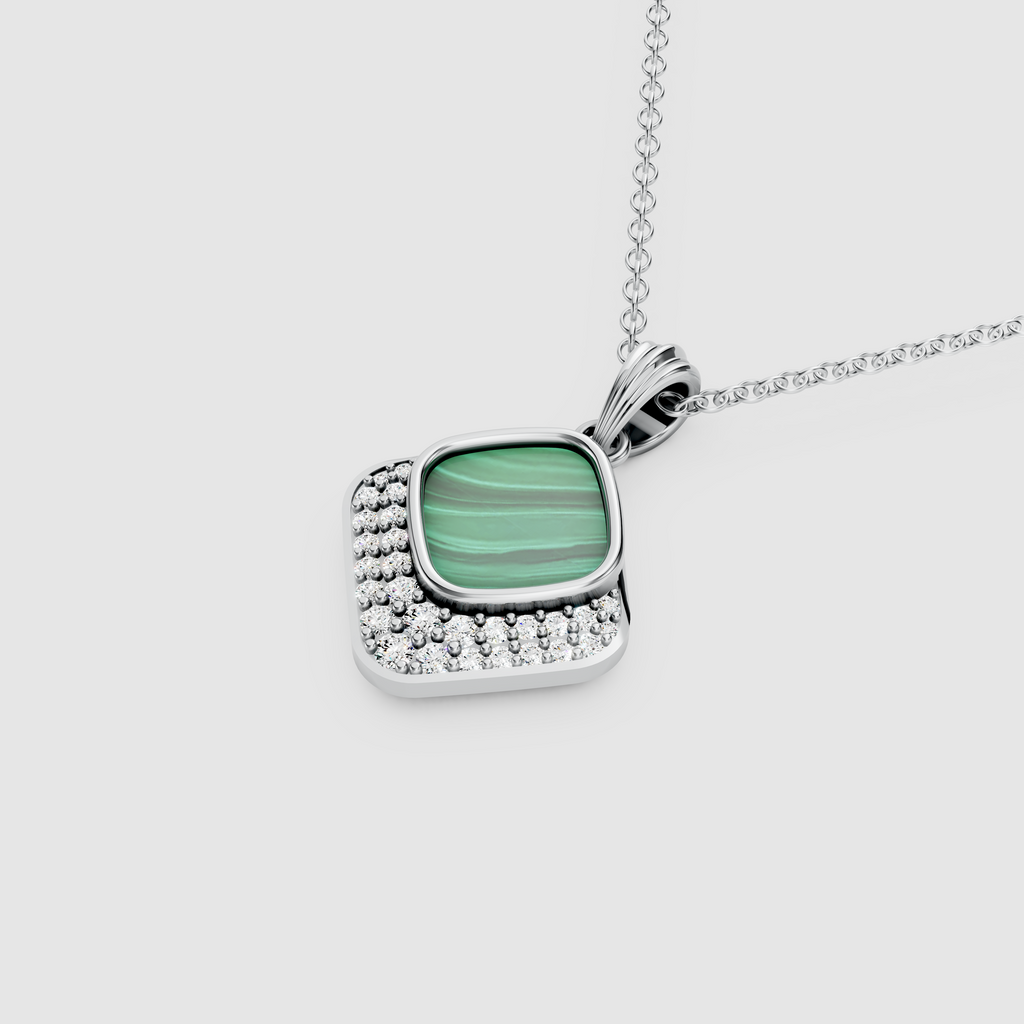 Olivia – 18K Gold Cushion Malachite & Moissanite Diamond-Frame Pendant