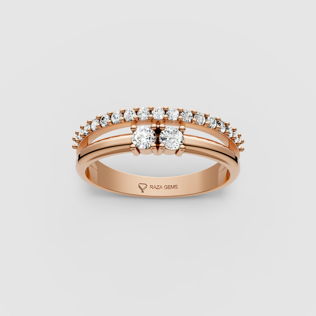 Emily - Two-Stone & Pavé Moissanite Split Band Ring | 18K Yellow, White & Rose Gold