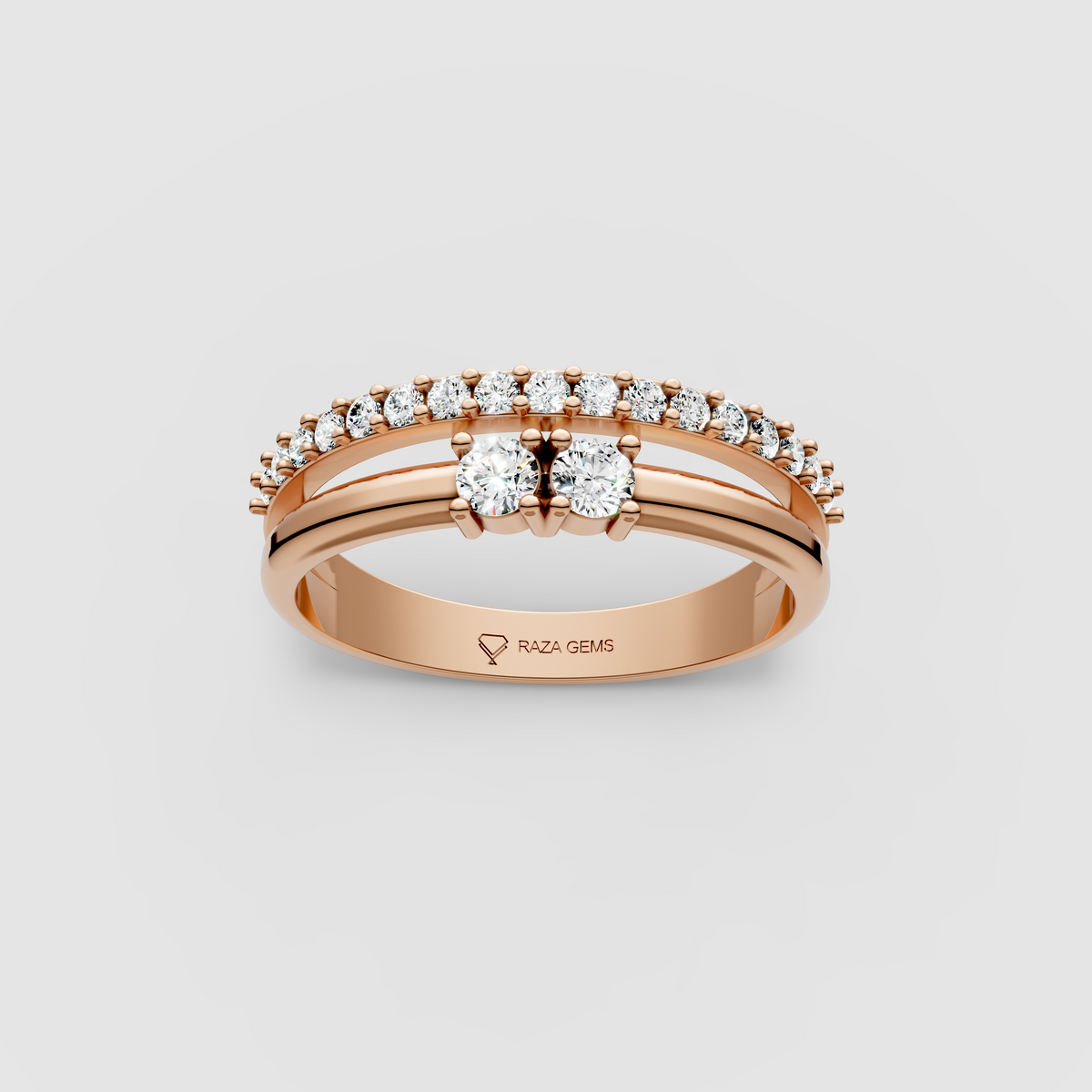 Emily - Two-Stone & Pavé Moissanite Split Band Ring | 18K Yellow, White & Rose Gold