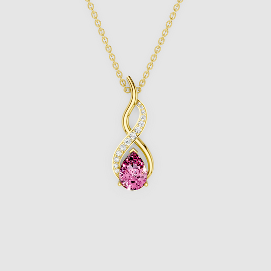 Serenity – Pear-Cut Pink Sapphire Swirl Pendant with Moissanite in 18KT Gold