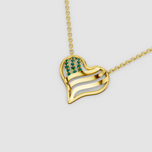 Margaret - Solid 18K Gold Open Heart Pendant with Emerald Ribbons"