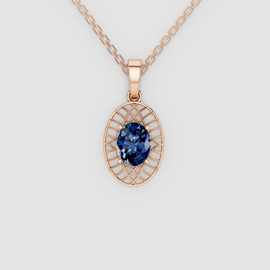 Celestia – Oval-Cut Blue Sapphire Solitaire Openwork Pendant in 18KT Gold