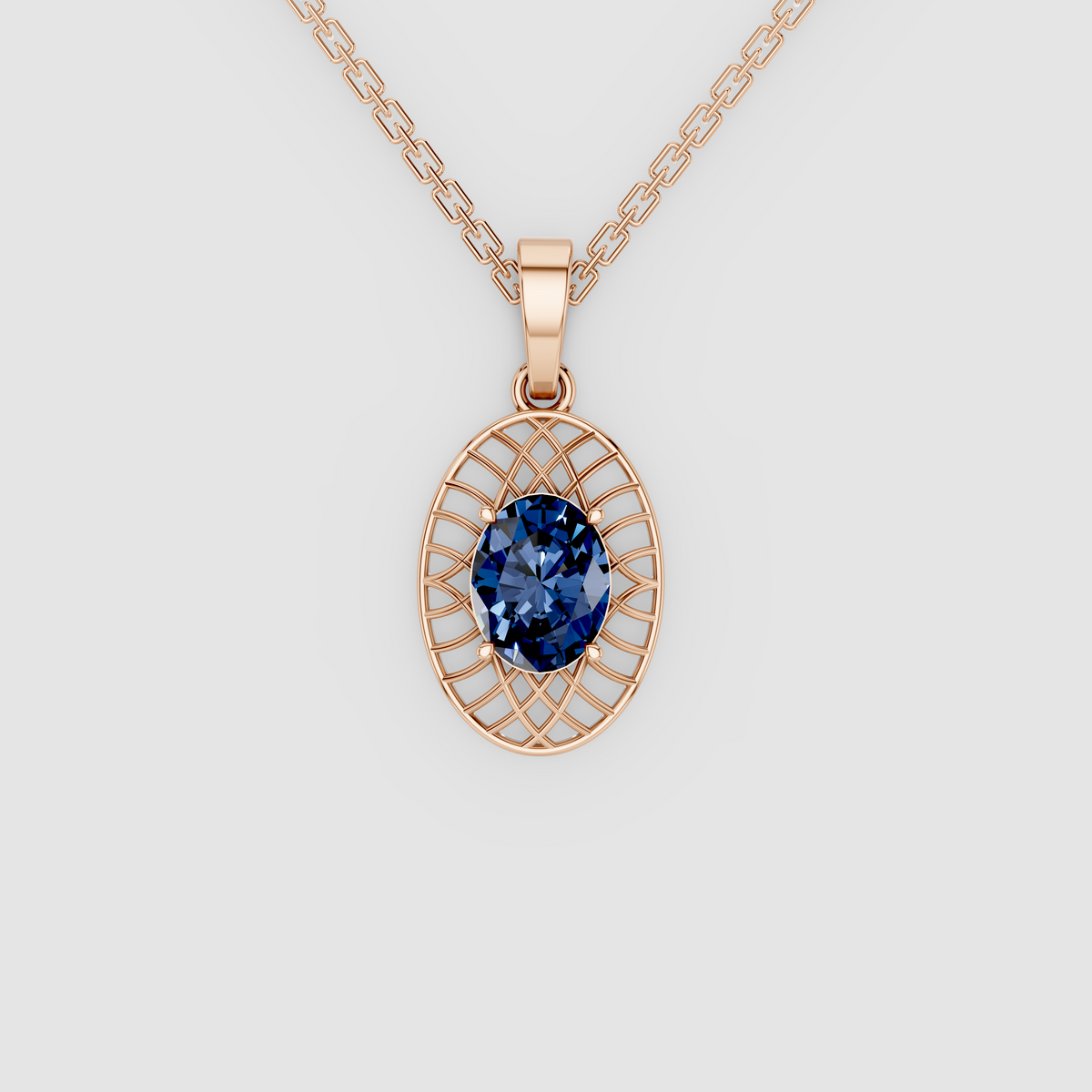 Celestia – Oval-Cut Blue Sapphire Solitaire Openwork Pendant in 18KT Gold