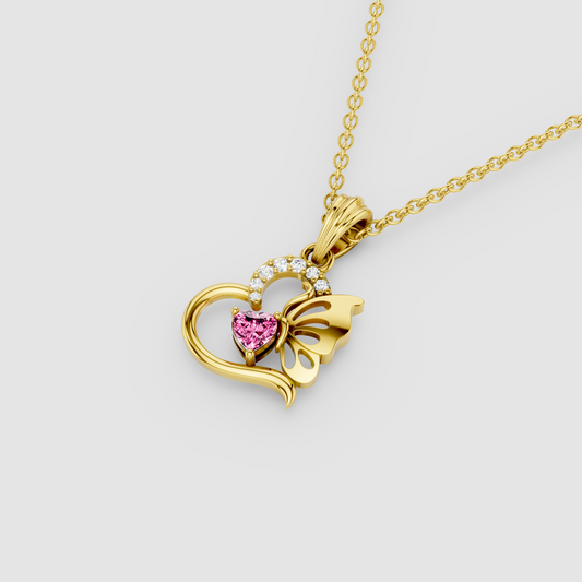 Samantha - Solid 18K Gold Heart-Cut Pink Topaz & Butterfly Drop Pendant"