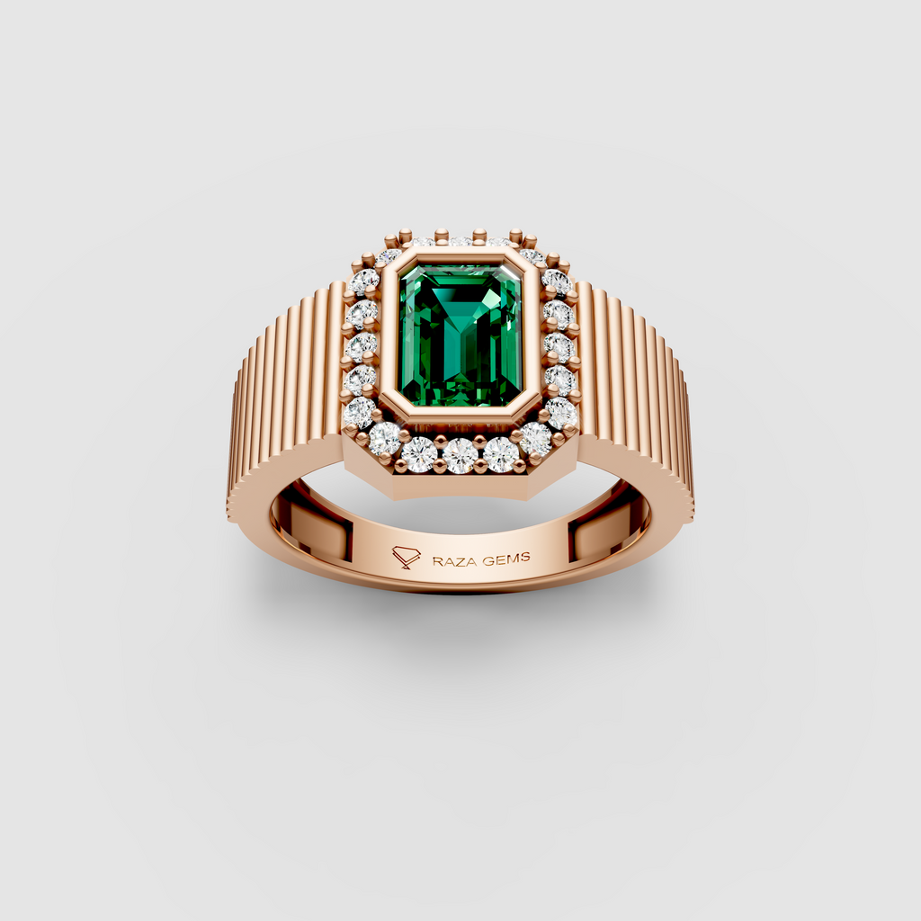 Raya – 18K Solid Gold Emerald Cut Emerald & Halo Fluted Band