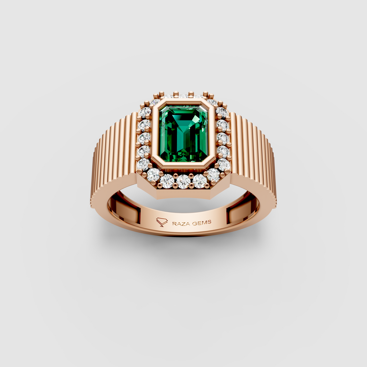Raya – 18K Solid Gold Emerald Cut Emerald & Halo Fluted Band