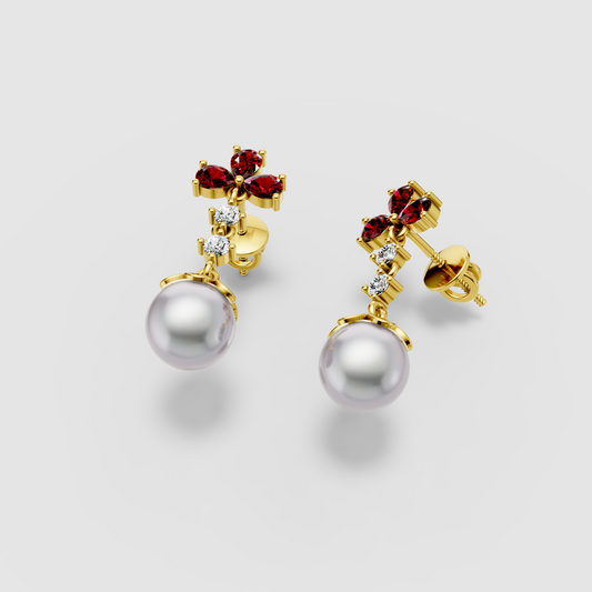 Betty - 18K Gold Pear Garnet, Moissanite & Natural Pearl Dangle Earrings" (Stylish & Direct