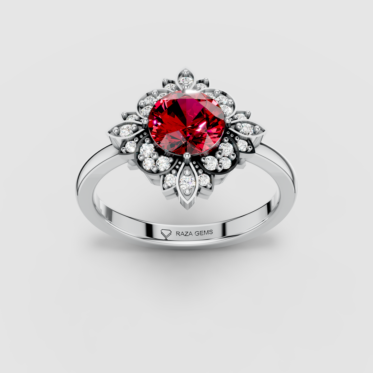 Grace – Round Ruby & Moissanite Petal Halo Ring in 18KT Gold